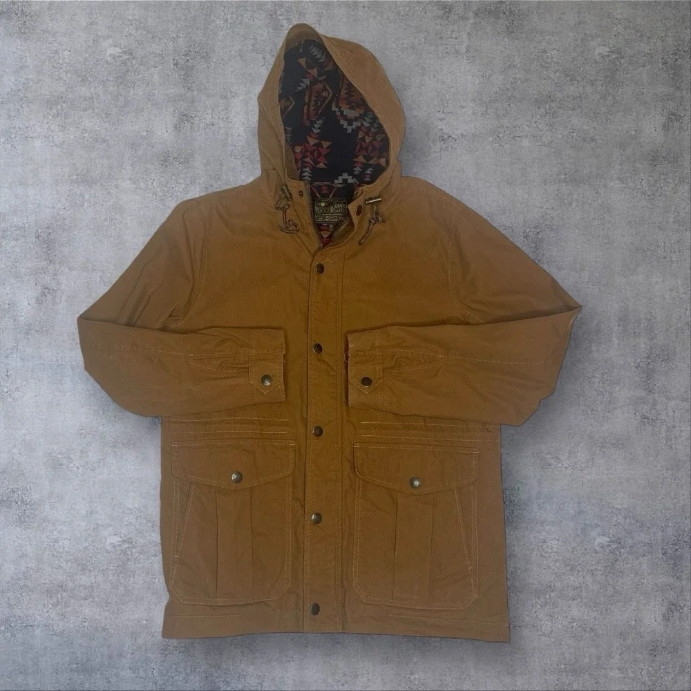 Vtg Lucky Brand Canvas Barn Chore‎ Coat Jacket Mens M Aztec Blanket Lined Hood
